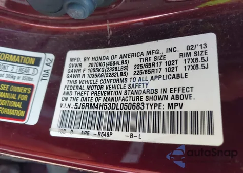 2013 Honda Cr-V Ex from USA, damaged, VIN 5J6RM4H53DL050683